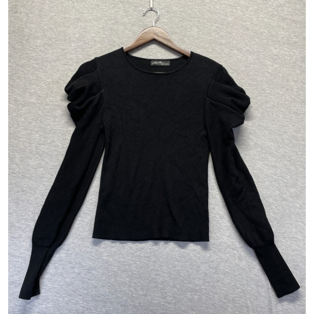 On Twelfth Knit Top Women's S Black Classic Winter Ribbed Puff Sleeve Crew Neck